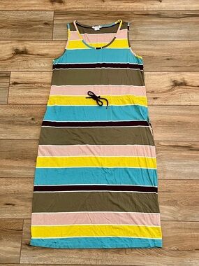 Boden Tank Sleeveless Sun Dress SZ 12 Multi Stripe Drawstring Belt Summer Beach